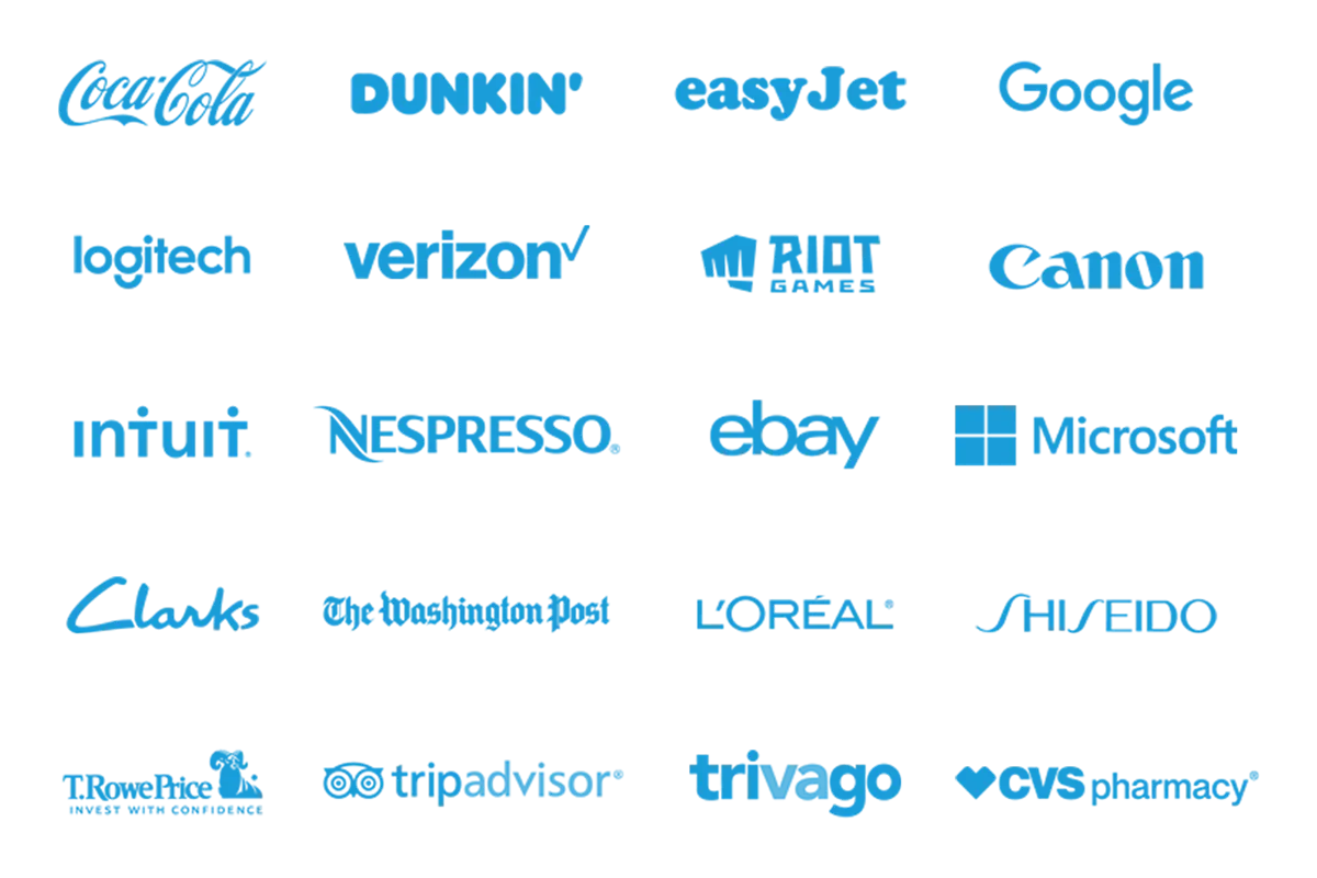 A grid of prominent company logos displayed in blue, including brands like Coca-Cola, Google, Microsoft, eBay, Nespresso, and Dunkin'. The image showcases a wide array of reputable global companies, showing Userlytics clients