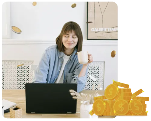 A young woman sitting at a desk with a laptop, holding a coffee mug, surrounded by gold coins and stacks of money. The background suggests a productive work-from-home setting, representing the concept of earning money online with userlytics