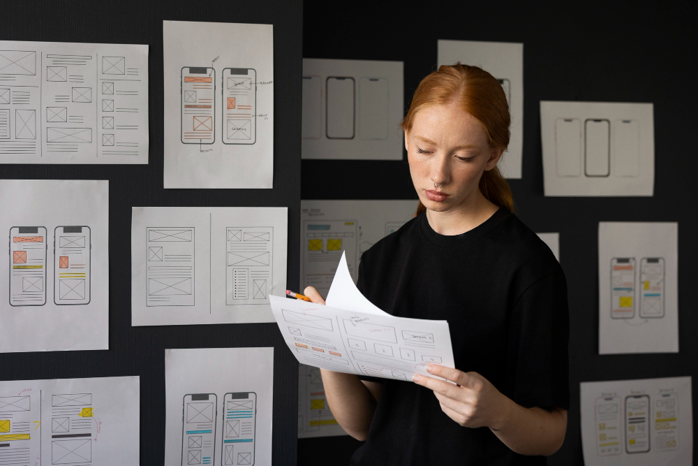 woman looking at collected UX data for analysis.