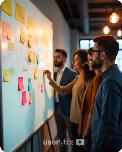 A diverse team of four professionals working around a large whiteboard covered with sticky notes and diagrams in a modern office space, the team includes a Black woman with curly hair, a Hispanic man with glasses, a South Asian woman with straight black hair, and a Caucasian man with a beard, all engaged in brainstorming product ideas.