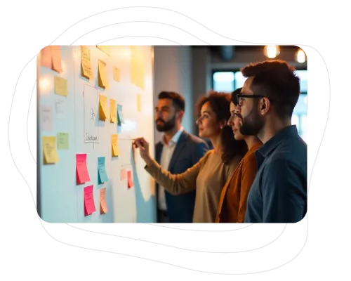 A diverse team of four professionals working around a large whiteboard covered with sticky notes and diagrams in a modern office space, the team includes a Black woman with curly hair, a Hispanic man with glasses, a South Asian woman with straight black hair, and a Caucasian man with a beard, all engaged in brainstorming product ideas.