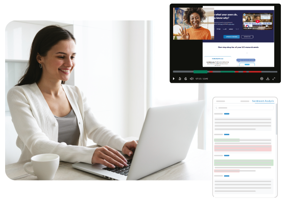 Woman looking at the computer while analyzing the website.