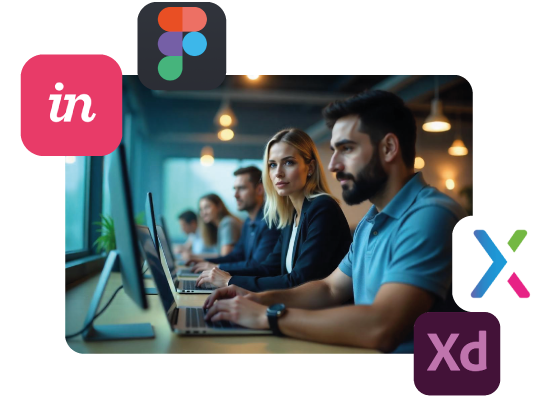 A person using a computer with access to prototyping platforms like Proto.io, InVision, Figma, Marvel, Axure, JustInMind, and UXPin.