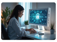 A woman writing on her computer with a padlockimage on the screen