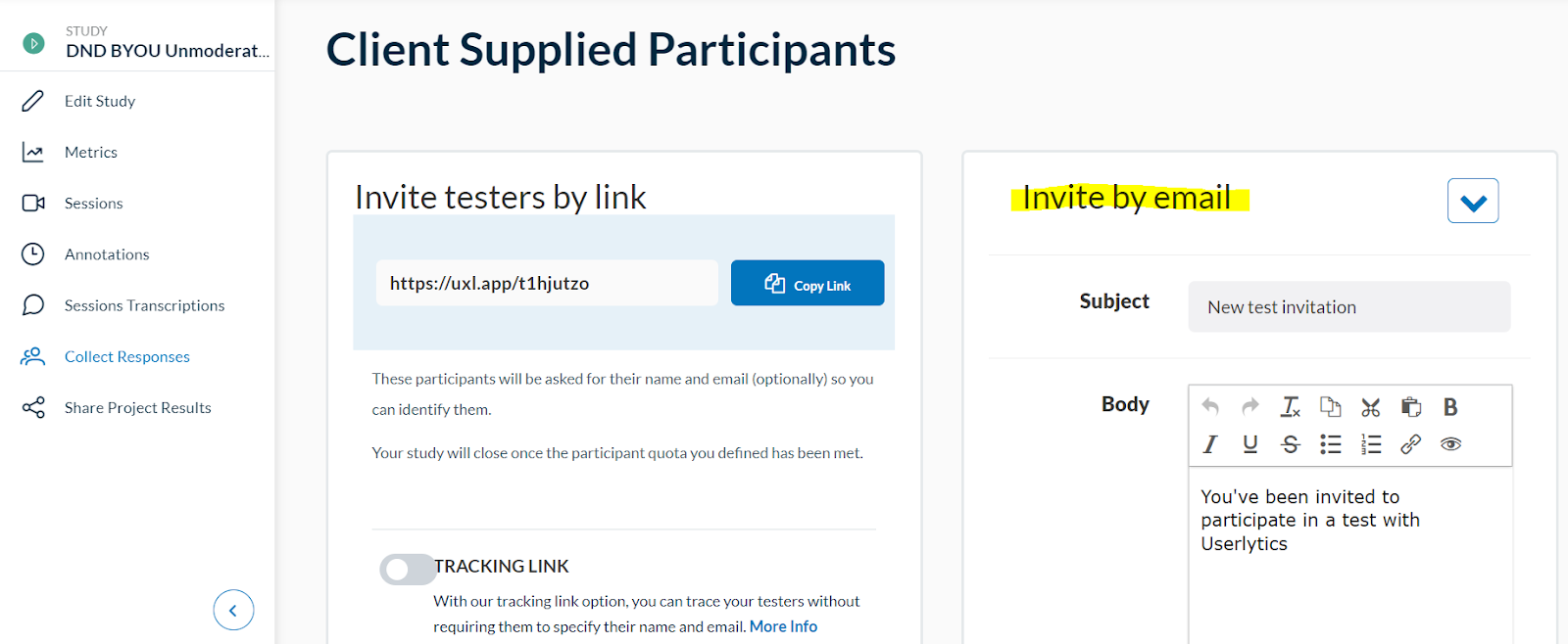 Userlytics Unmoderated Testing - Invite by email