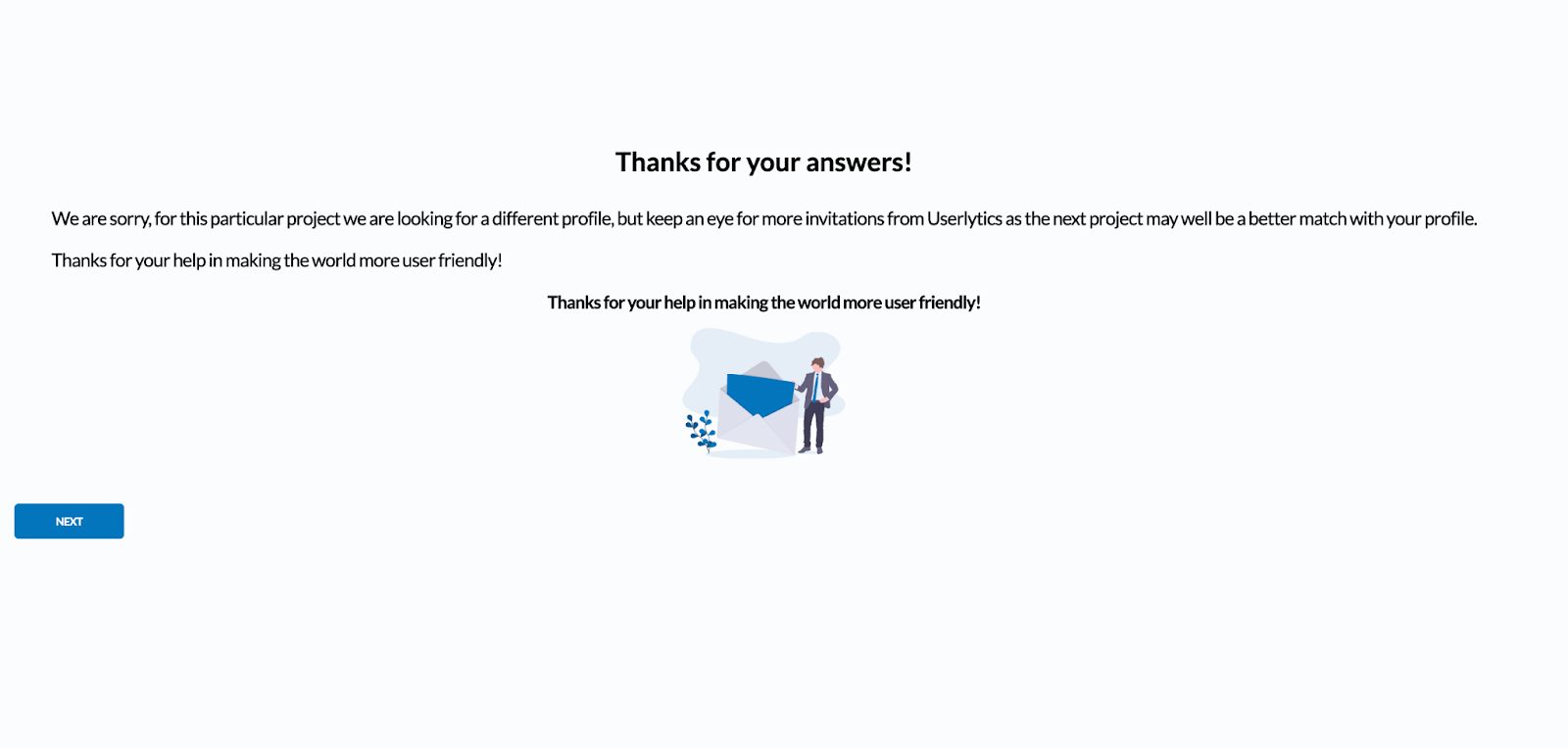 Userlytics Unmoderated Testing - Message that shows up when the participant does not qualify for the study.