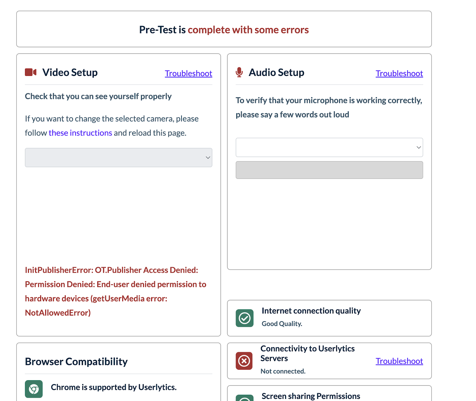 Userlytics Unmoderated Testing - Pre-Test result showing errors.