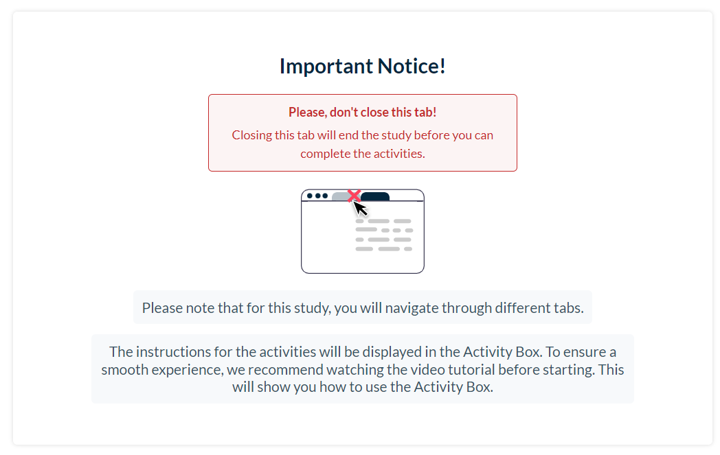 Userlytics Unmoderated Testing - Two Browser Tabs Warning