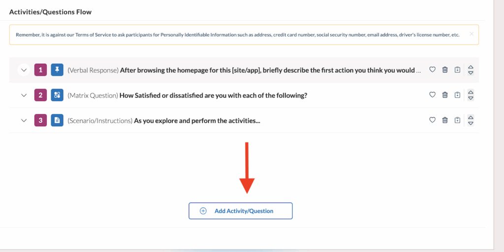 Userlytics activity builder - Adding activity/questions