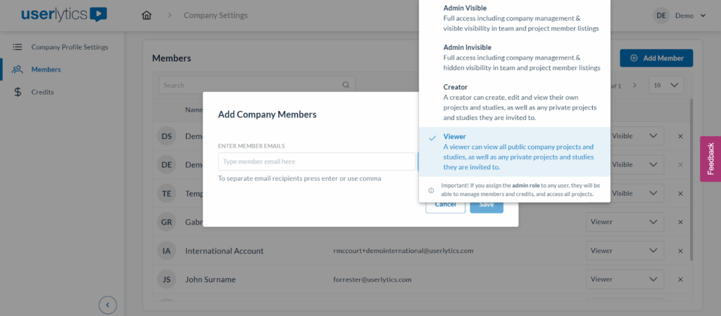 Userlytics - add company members