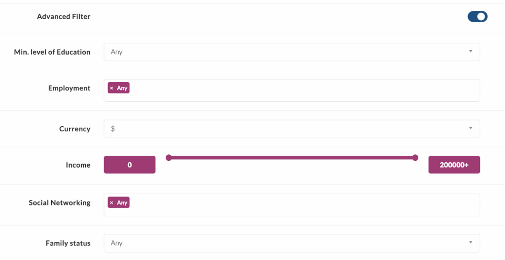 Userlytics Study Builder - advanced filter. Education, employment, income, social networking, family status.