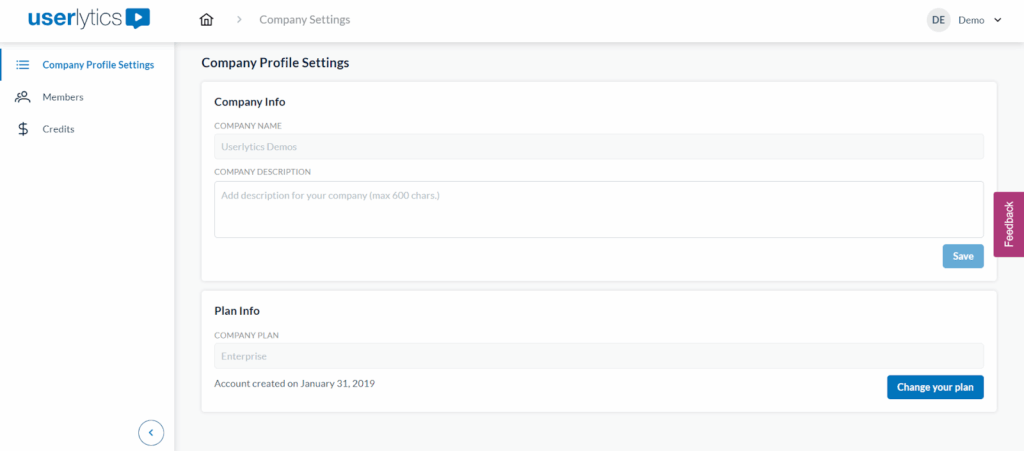 Userlytics - Company Profile Settings