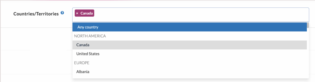 Userlytics Study Builder - settings countries / territories.