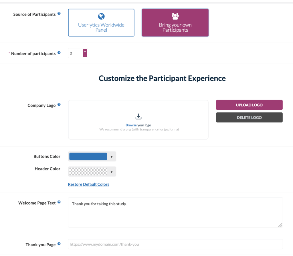 Userlytics Study Builder - Choosing BYOU (Bring Your Own Participants)