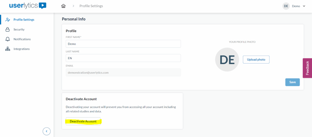 Userlytics - Deactivate account