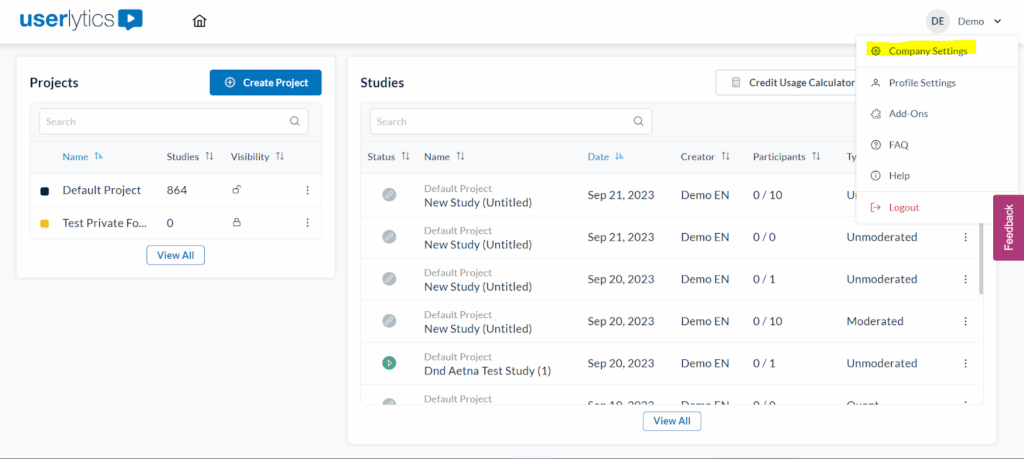 Userlytics - Company settings