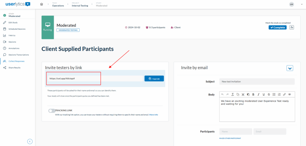 Userlytics platform - invite testers by link