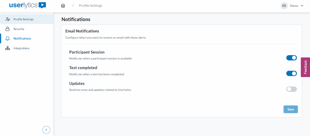 Userlytics - profile settings