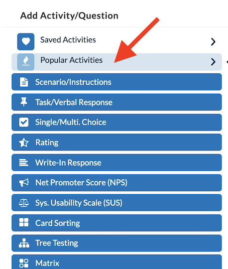 Userlytics activity builder - popular activities
