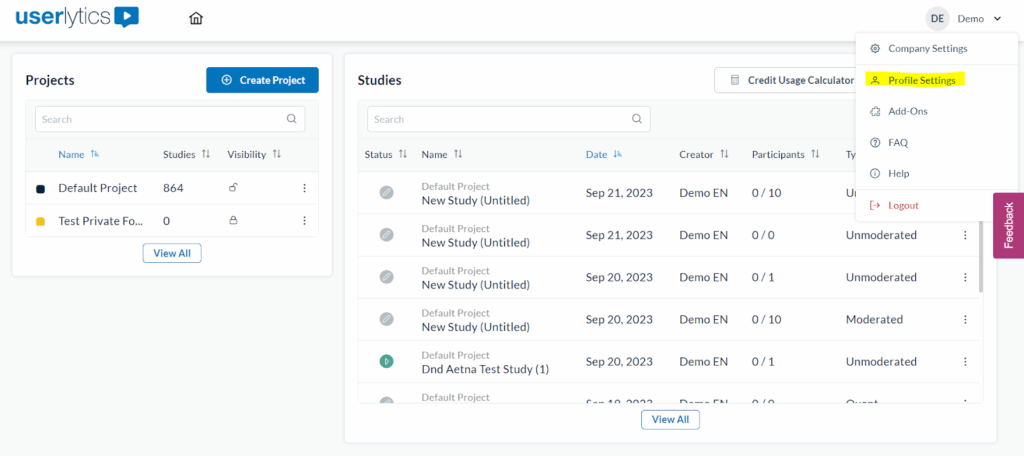 Userlytics - Profile settings