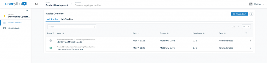 Userlytics Project and Account Management System (PAM) - project dashboard