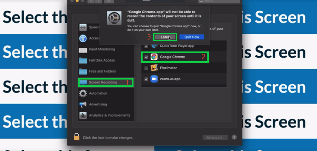 Select Screen Recording from the left-hand side > Enable/Re-enable Google Chrome