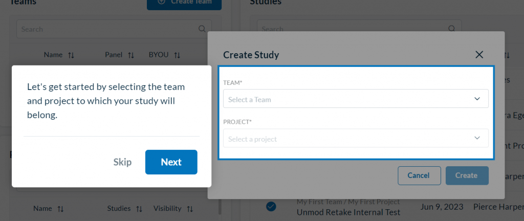 Userlytics - select team and project