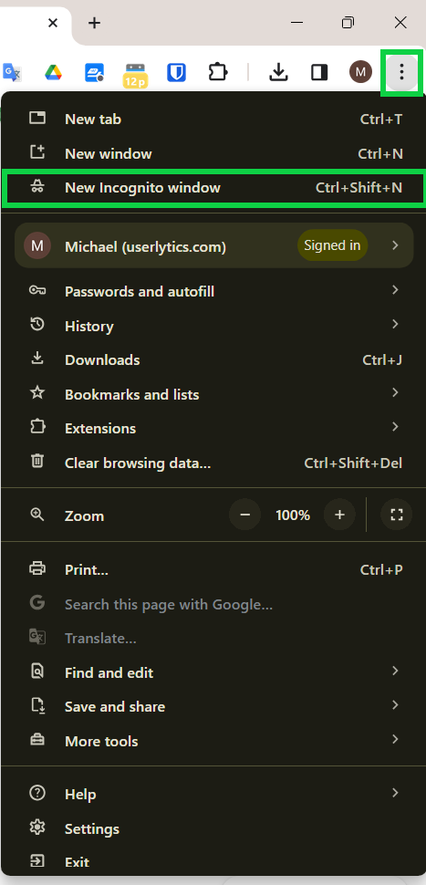 Google Chrome new incognito window