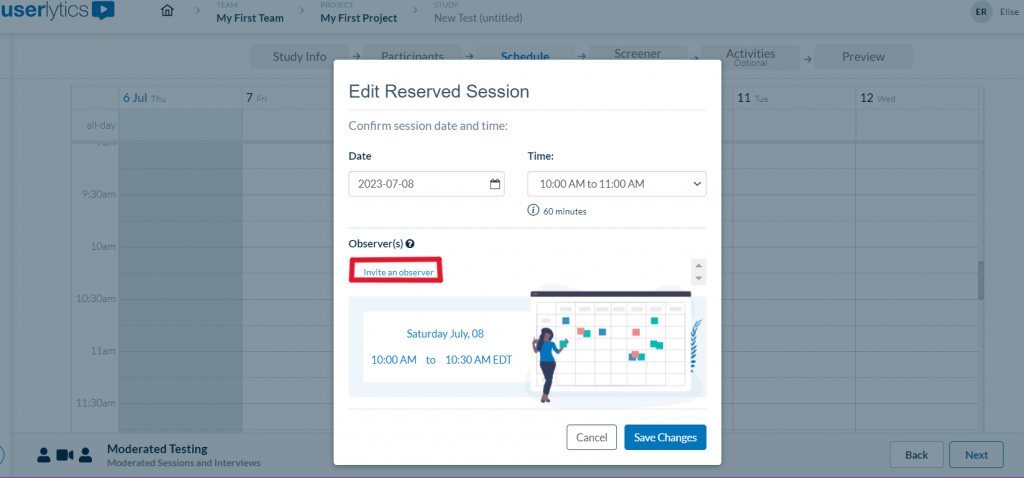 Userlytics - edit reserved session