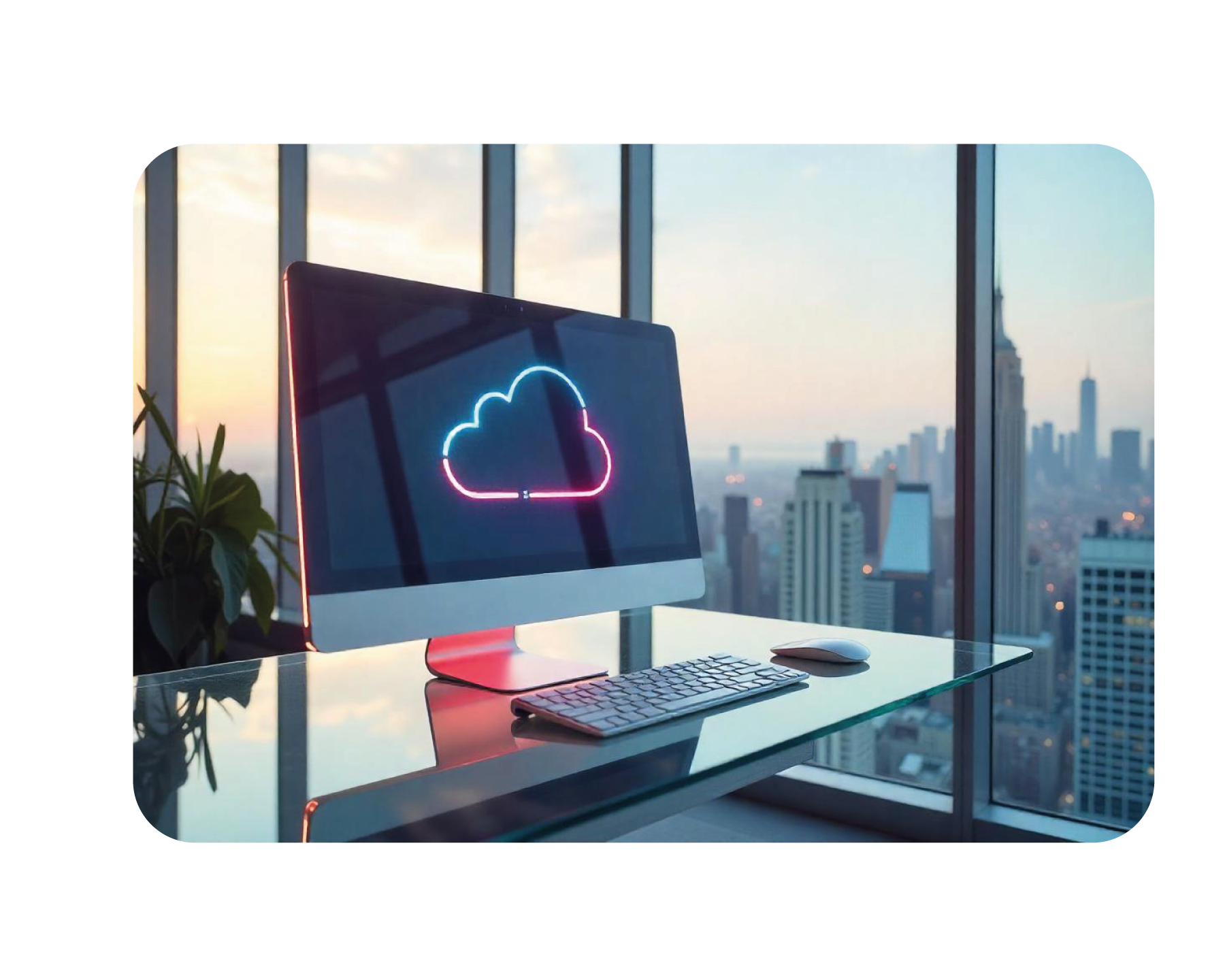 Desktop computer with cloud storage icon on screen