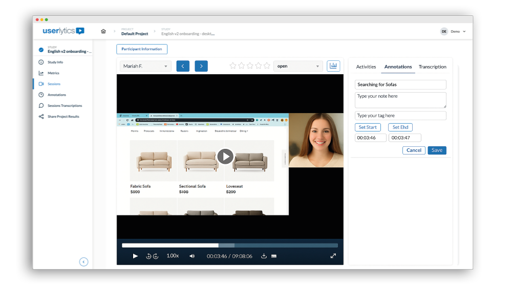 Userlytics platform image showing annotations option