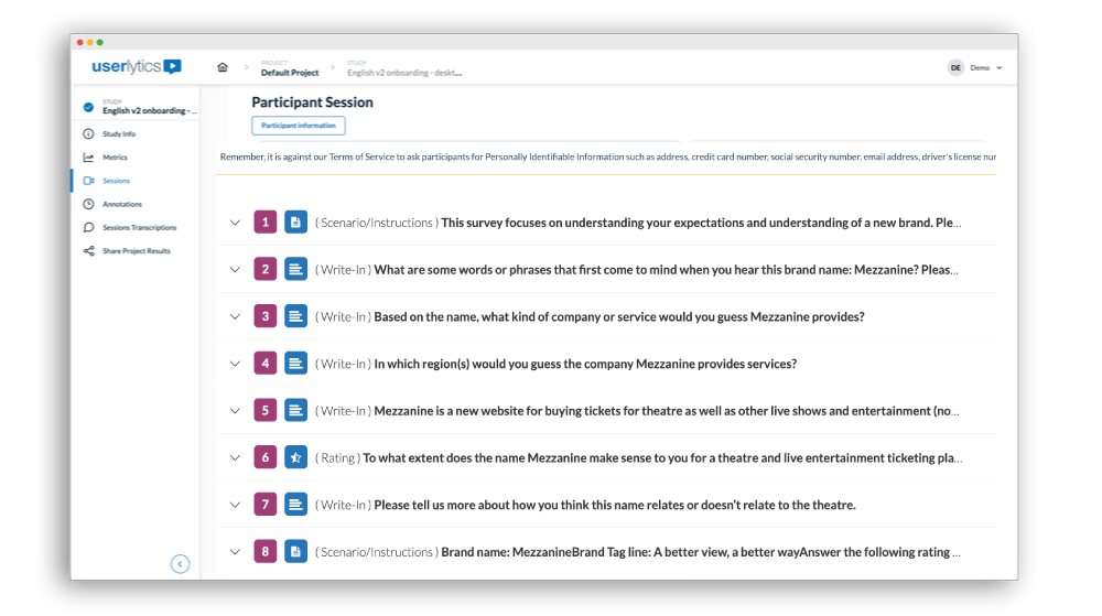 Userlytics platform - participant sessions