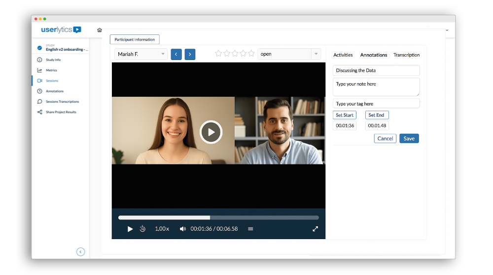 Userlytics platform annotations panel for moderated study.
