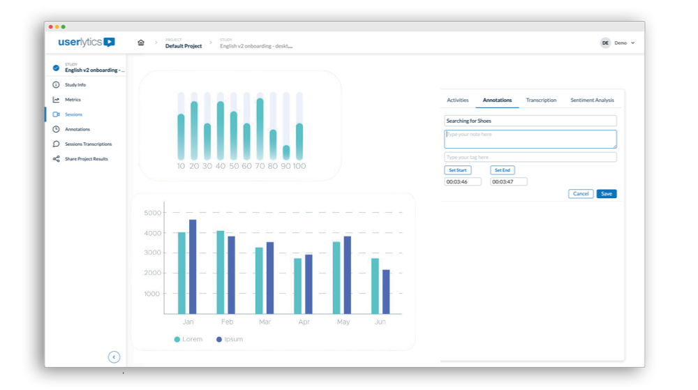 Userlytics platform annotations tab showing metrics