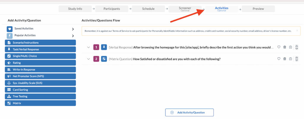 How to Use Saved Activities within your Study - Activities tab