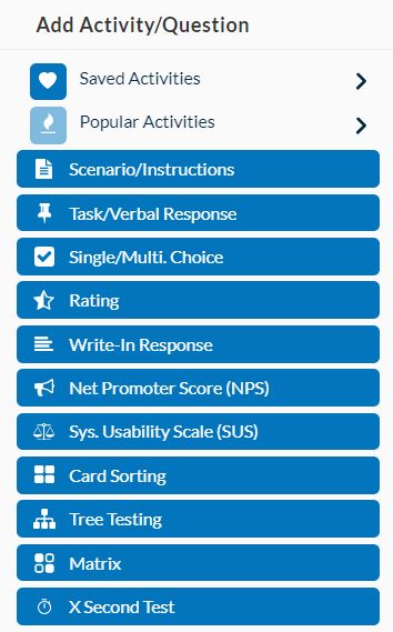 Userlytics Study Builder - Add Activity/Questions