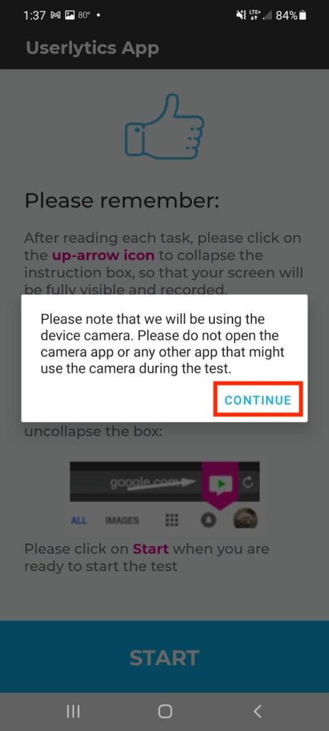Launch a Userlytics Test on Android - Allow Camera Access