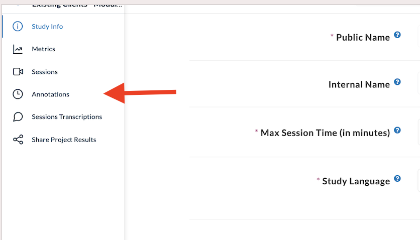 Userlytics - How to Create and Share Test Annotations - annotations menu