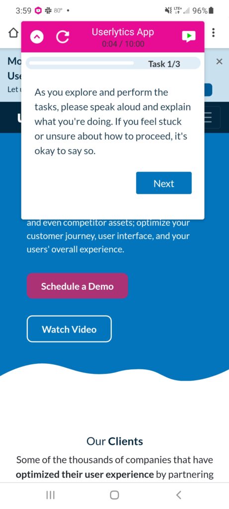 Launch a Userlytics Test on Android - Begin Tasks