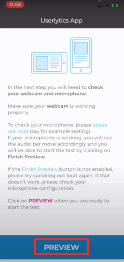 Launch a Test on iOS - begin test preview