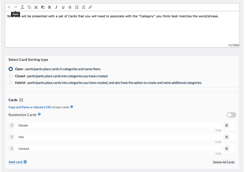 Userlytics Study Builder - Card Sorting