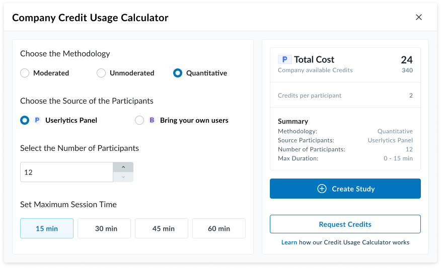 Userlytics - Company Credit Usage Calculator