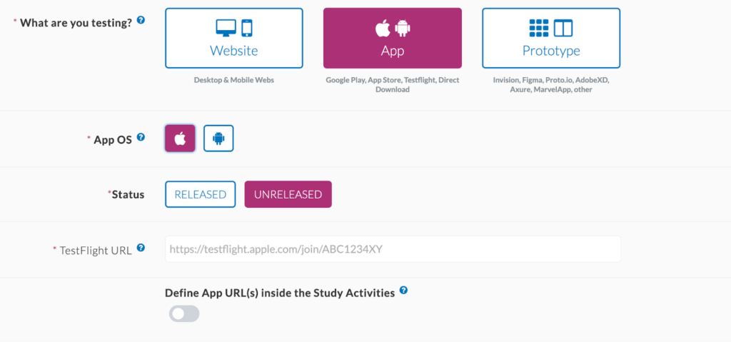Userlytics Platform - paste Testflight URL