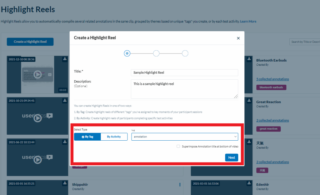 Userlytics - How to Create and Share Test Annotations - select type