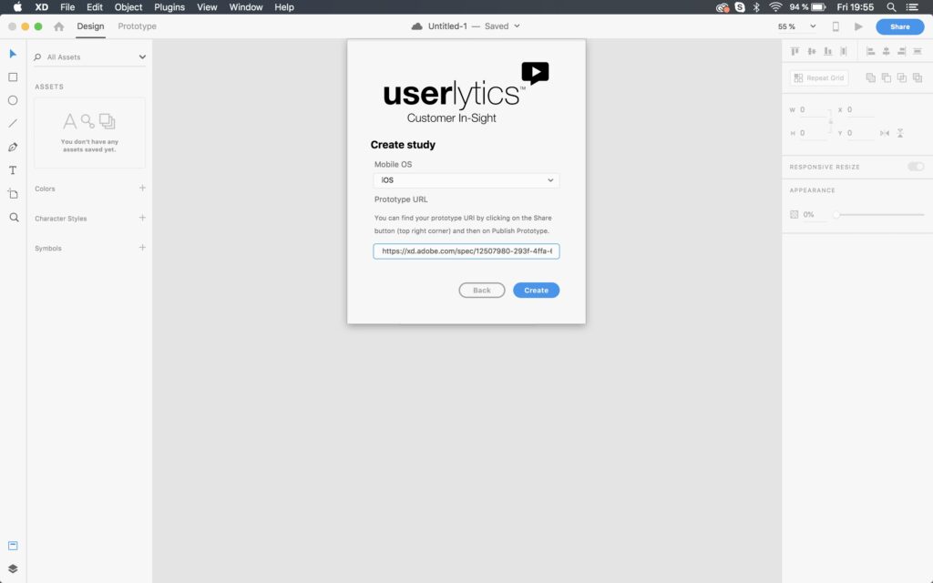Launch a UX Study from within Adobe Xd - select operating system