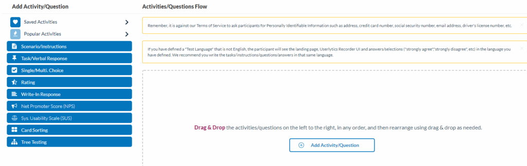 Userlytics platform - activities/questions flow