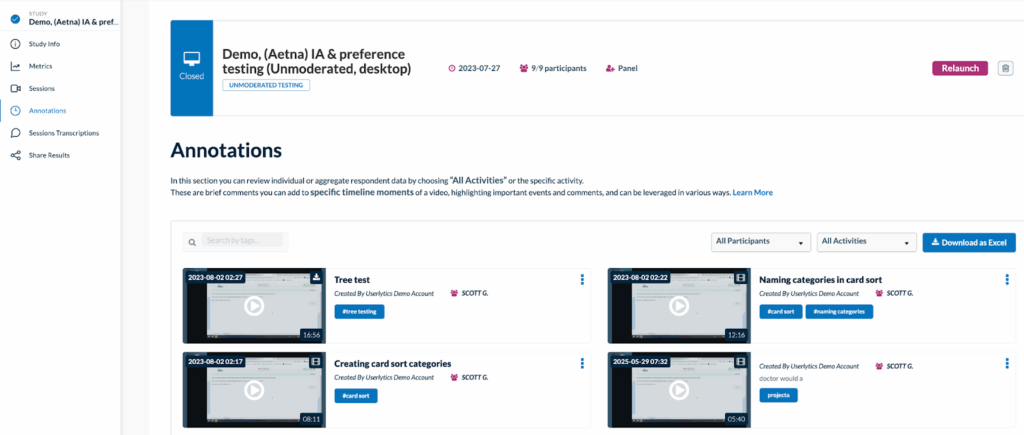 Userlytics - How to Create and Share Test Annotations - search by tags, participants, or activities