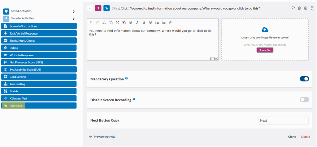 Userlytics Study Builder - First Click Testing
