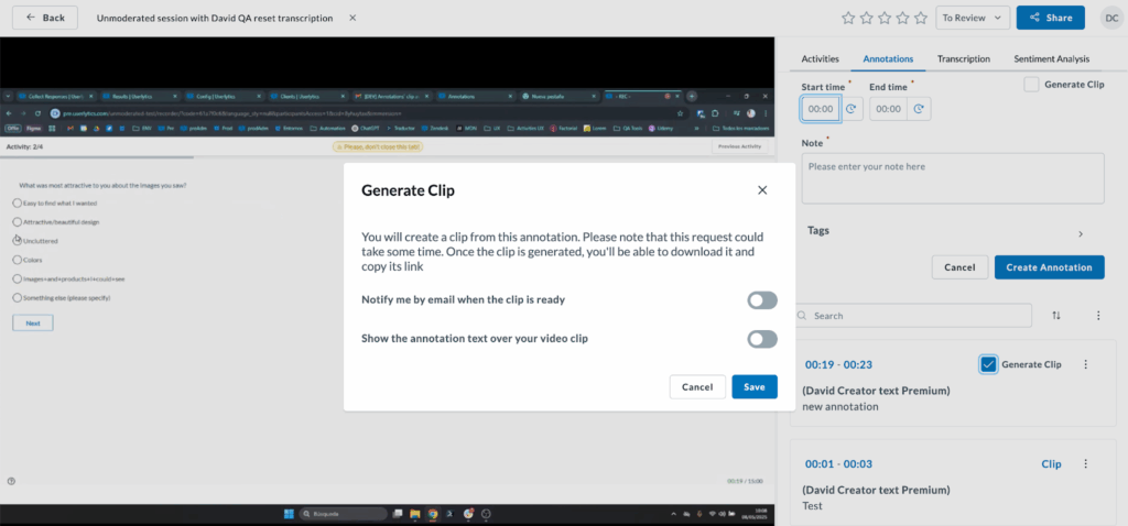 Userlytics - Video Analysis Tool - Generate Clip