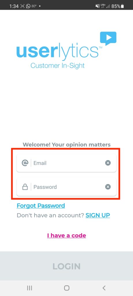 Launch a Userlytics Test on Android - enter login info